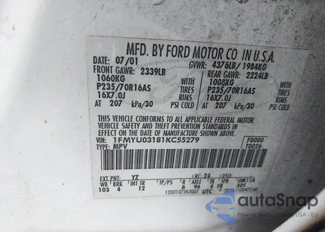 2001 Ford Escape Xlt z USA, uszkodzony, nr VIN 1FMYU03181KC55279